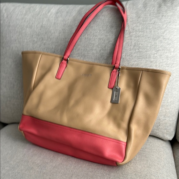 Coach Handbags - Coach Two-Tone Tan and Coral Leather Tote